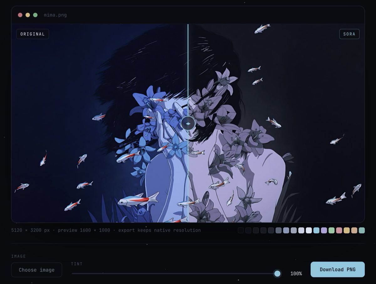 A wallpaper recolored into the Sora palette, shown as a before/after split